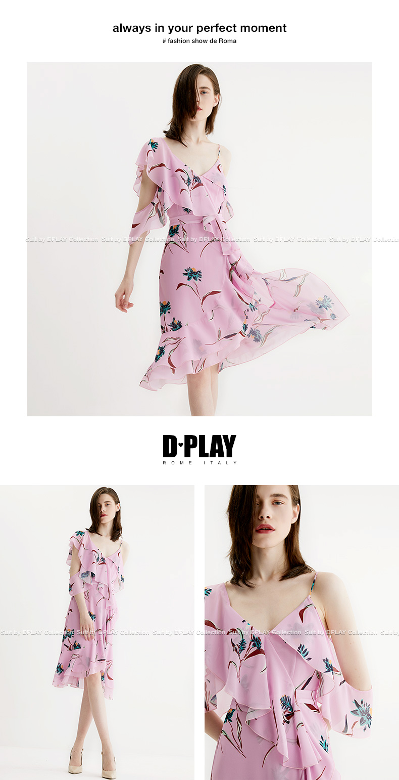 DPLAY2018 Mùa hè mới châu Âu và Mỹ Foundation In dây đeo Rò rỉ vai Ruffle Dress trong Long Beach Skirt