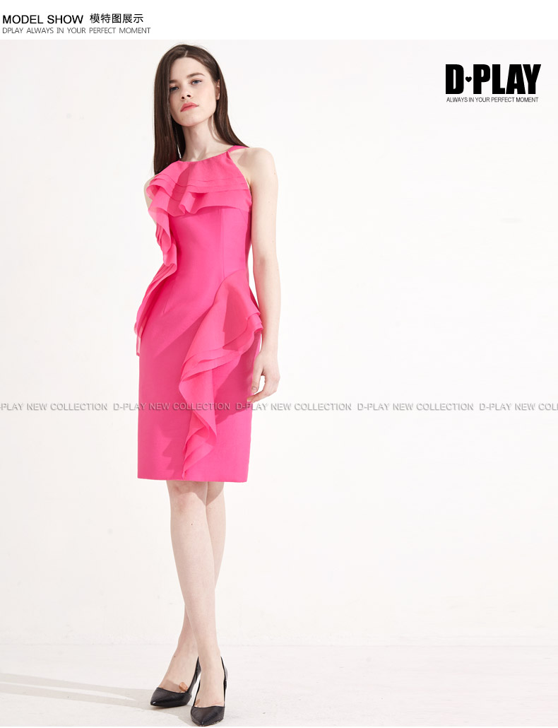 D-CHƠI Mùa Hè Mới Châu Âu và Mỹ Tăng Hồng lưới khâu cao eo váy lá sen Slim dress dress váy