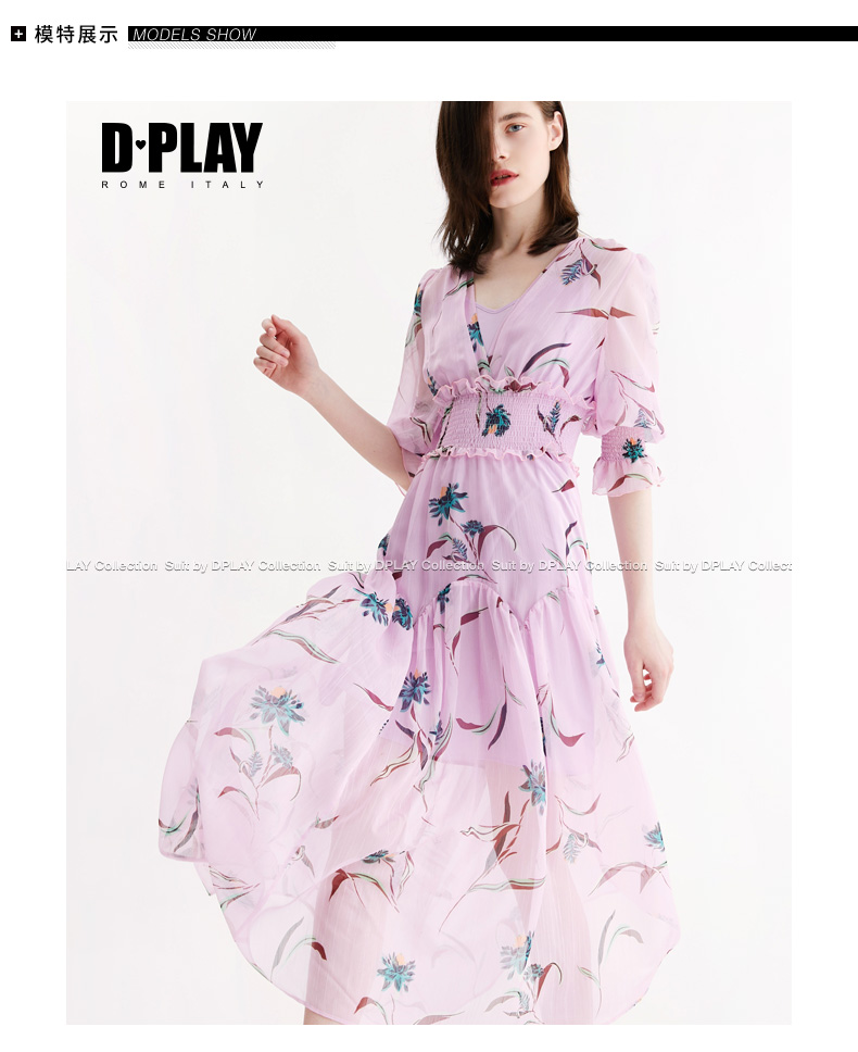 DPLAY2018 Mùa Hè Mới Châu Âu và Mỹ Nền Tảng In V-Cổ Đèn Lồng Tay Áo Eo Xếp Li Bãi Biển Dress Sleeve Dress