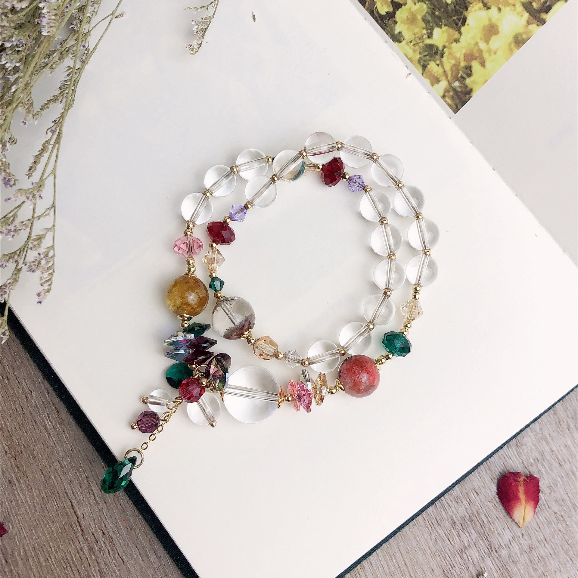 White crystal four seasons ghost stone bracelet female two circles Austrian crystal bracelet jewelry colorful gemstone 14k gold accessories