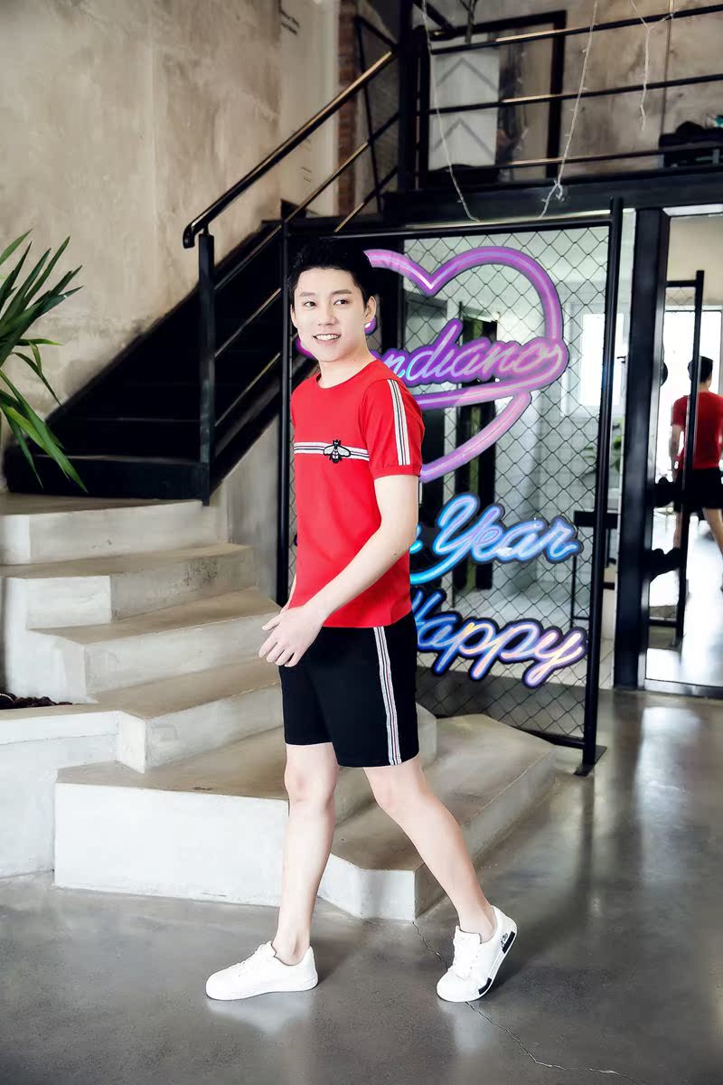 Couple thể thao phù hợp với 2018 mùa hè mới nữ ngắn tay quần short nam giới bình thường của một nửa tay sinh viên chạy hai mảnh bộ adidas hồng