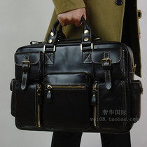 European and American big retro large briefcase travel Womens bag business bag real leather bag handmade cowhide mens bag