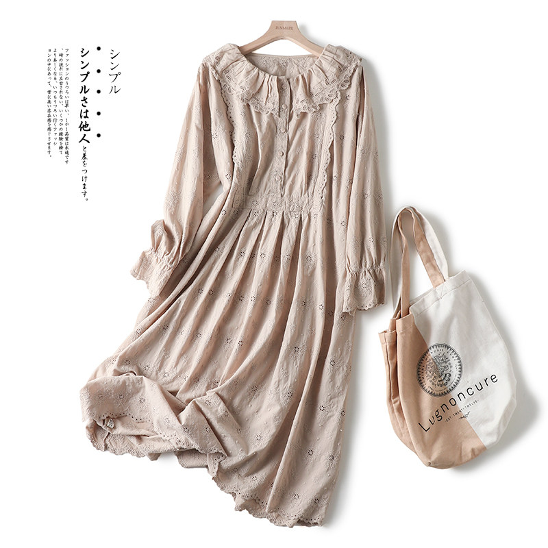 Vintage hollow out embroidery long sleeve peter pan collar loose cotton dress 2020 autumn