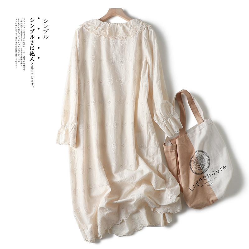 Vintage hollow out embroidery long sleeve peter pan collar loose cotton dress 2020 autumn