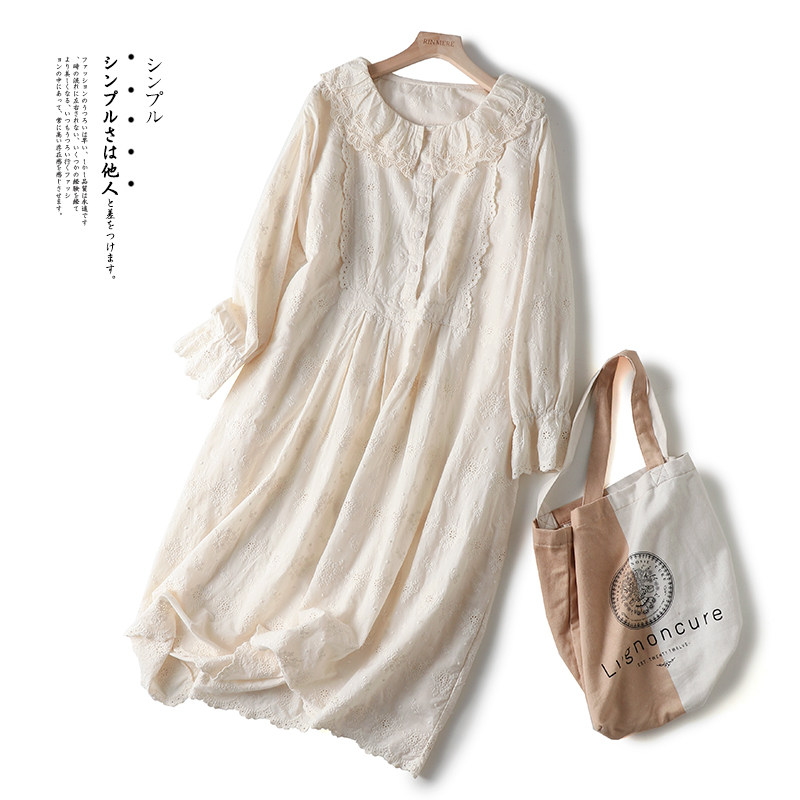 Vintage hollow out embroidery long sleeve peter pan collar loose cotton dress 2020 autumn
