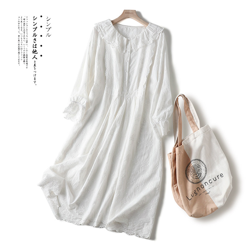 Vintage hollow out embroidery long sleeve peter pan collar loose cotton dress 2020 autumn