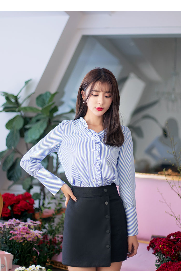 Xuân 2018 mới nấm nữ cổ chữ V sọc xanh dọc tay dài áo cotton xù các kiểu áo sơ mi sọc nữ đẹp