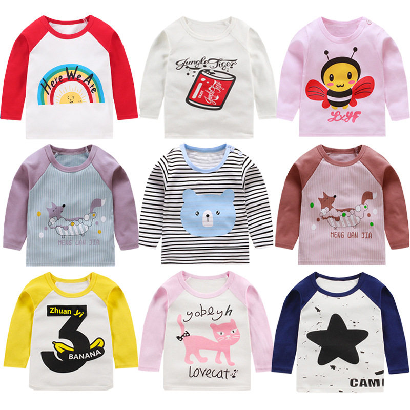 Autumn-style children pure cotton internal hitch long sleeve T-shirt male and female child clothing baby casual cartoon round collar inserted shoulder sleeve blouse