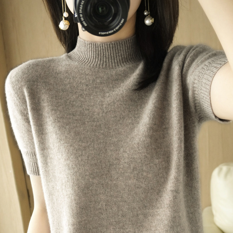 เสื้อผ้าชั้นในสไตล์ฤดูใบไม้ผลิ แบรนด์ระดับไฮเอนด์ ผ้าแคชเมียร์ แขนสั้น สำหรับผู้หญิง ดีไซน์เก๋ คอกึ่งสูง ผ้าขนสัตว์ถัก แขนสั้น เสื้อยืด