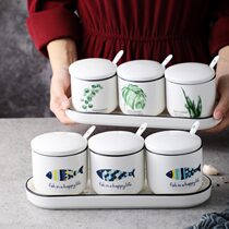 Ceramic seasoning can set Nordic combination creative seasoning tank kitchen salt taste jar spoon storage box with lid