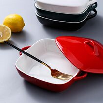 Fresh-keeping bowl square ceramic handle baking pan pizza electric baking pan with lid double ear baked rice oven microwave heating