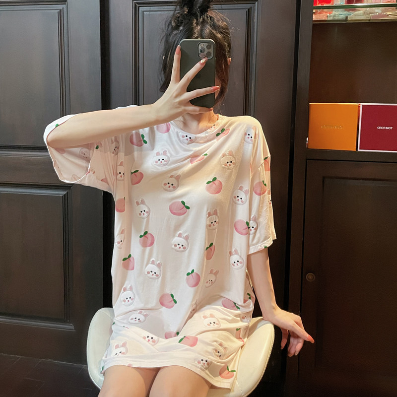 Sleepwear Women's Summer Days Department Modale Pure cotton Round neck Short sleeves Water Honey Peach Rabbit sweet and cute sleeping skirt Home Home Clothing