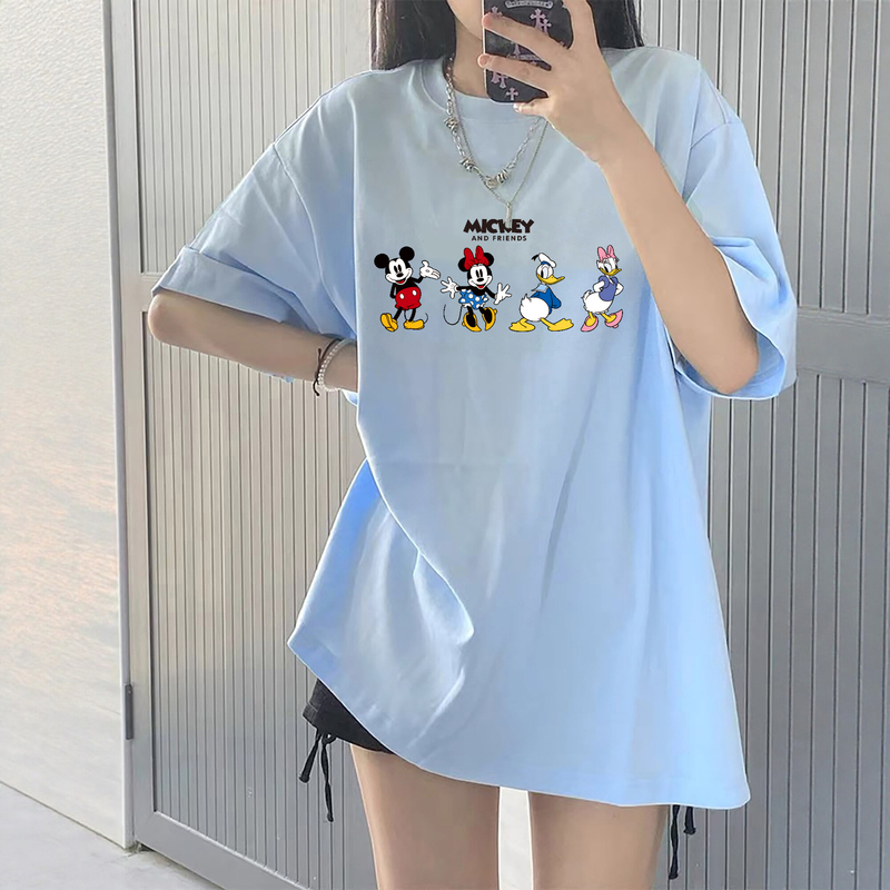 Mickey Pure Cotton Short-Sleeved T-Shirt for Women, Sky Blue, Loose, Slimming, Versatile Half-Sleeved T-Shirt, Unique and Beautiful Summer Top