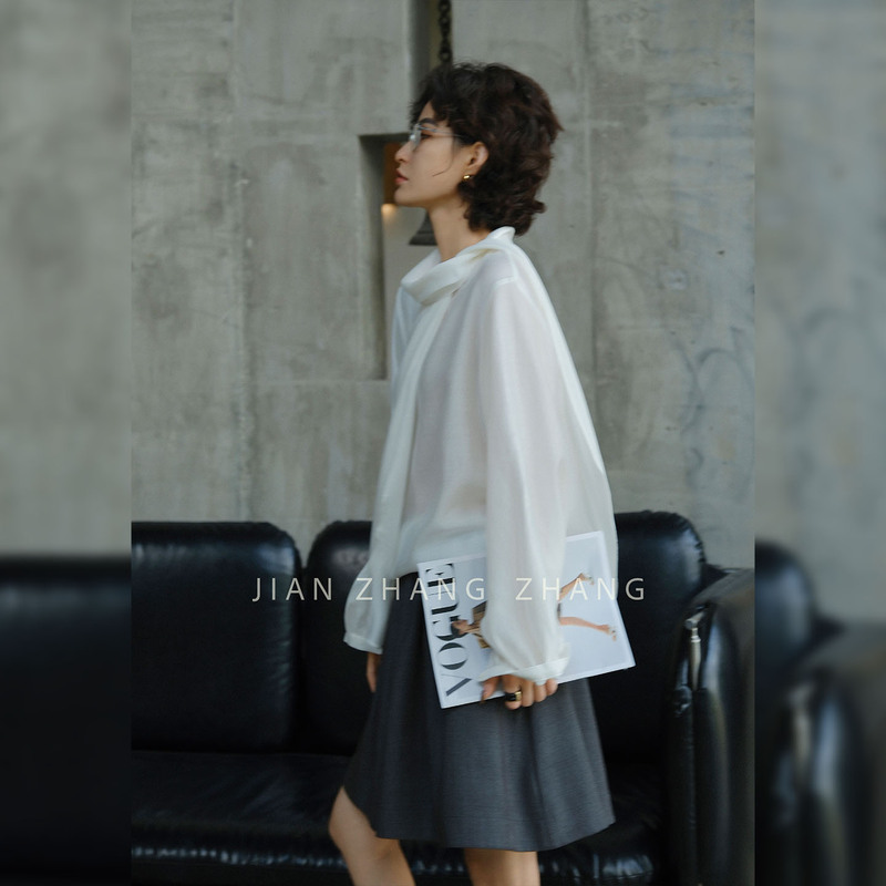Jianzhangzhang【White Jasmine Shirt】Linen Lyocell Elegant and Fashionable Loose Design Ribbon Shirt