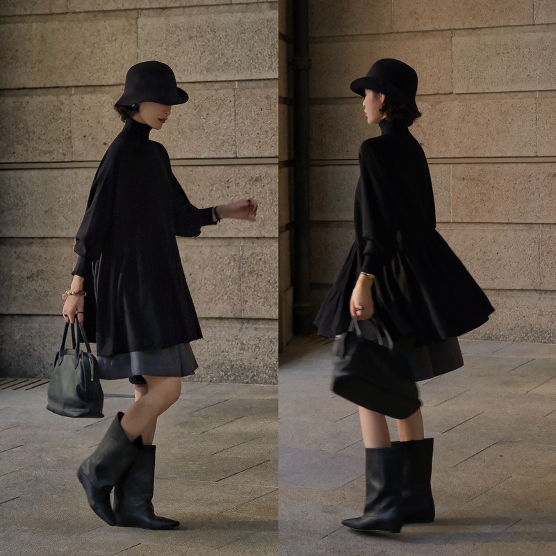 Jianzhangzhang【Cloud Pleats】Fine Wool Fashion Design Skirt Hem Elegant High Neck Doll Sleeve Slimming Knitwear Jianzhangzhang【Cloud Pleats】Fine Wool Fashion Design Skirt Hem Elegant High Neck Doll Sleeve Slimming Knitwear