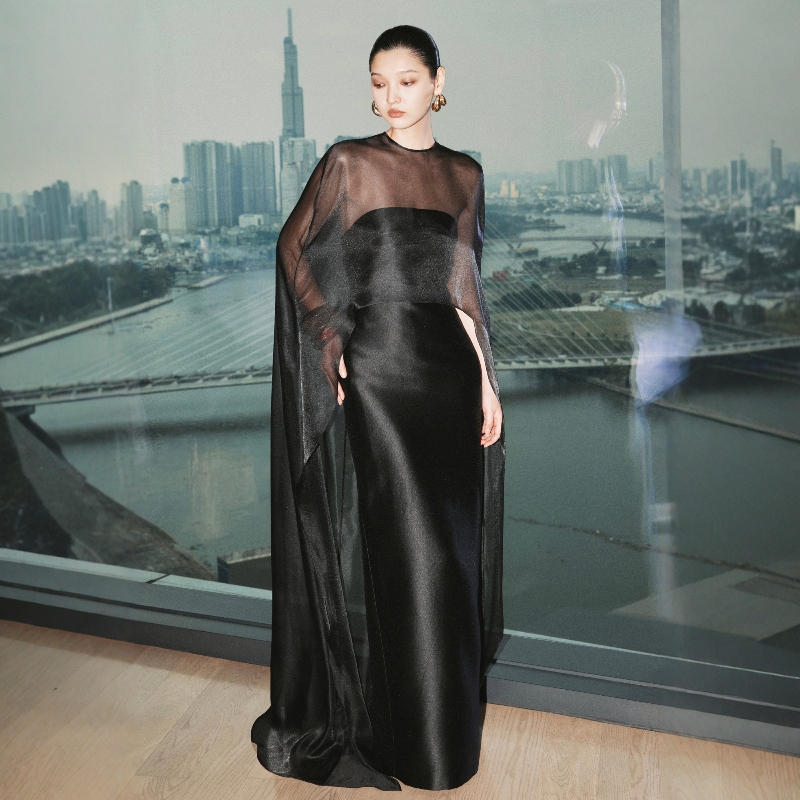 High-End Dark Style Black Gauze Shawl Dress, Satin Slim-Fit Floor-Length Dress, High-End Niche Design Evening Dress