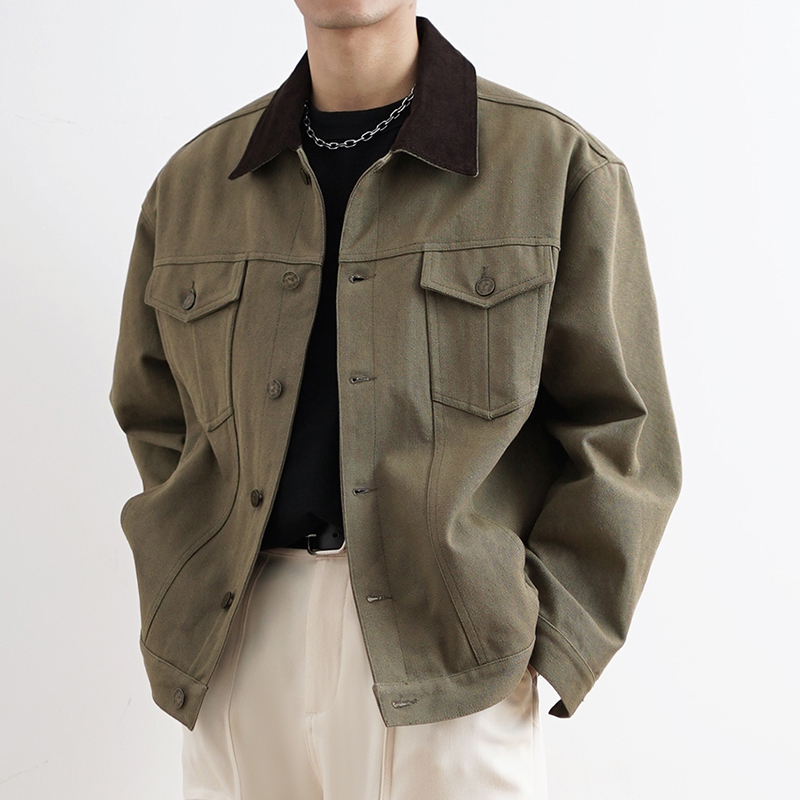 Shijoin Original Khaki Green Patchwork Collar Third-Generation Jacket Heavyweight Pure Cotton Bird'S-Eye Pattern Loose Coat 200133