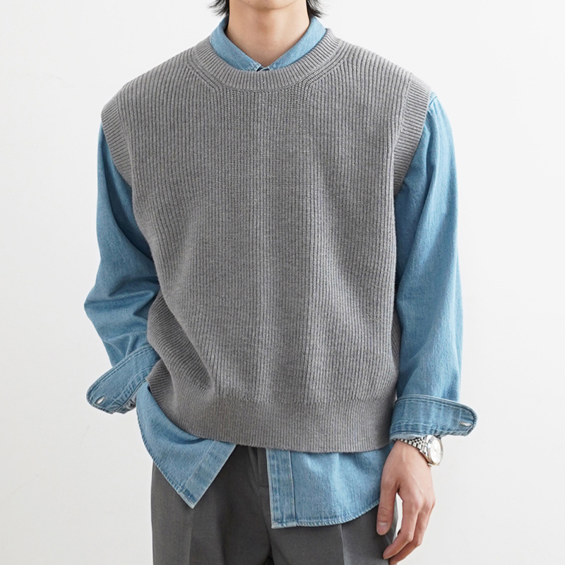 Shijoin Gray Crew Neck Sweater Vest Basic Solid Color Versatile Knitted Vest Men's Short Waistcoat 200139