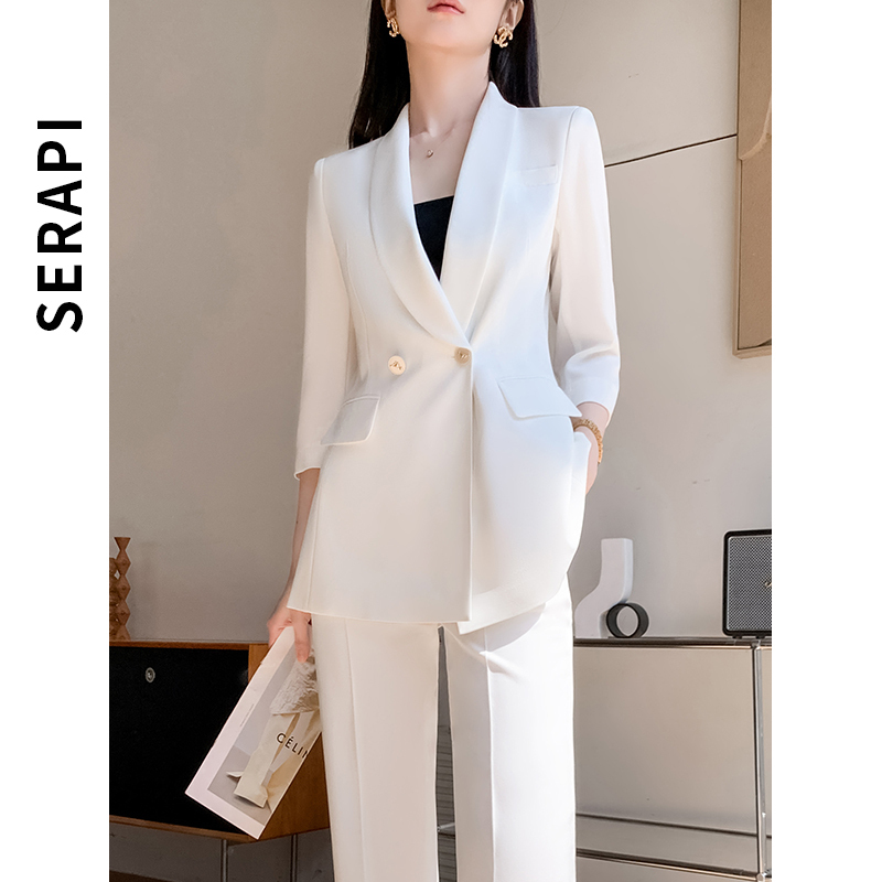 White Three-Quarter Sleeve Blazer and Wide-Leg Pants Two-Piece Set for Women, New Style, Elegant and Sophisticated Office Attire, Professional Suit Set White Three-Quarter Sleeve Blazer and Wide-Leg Pants Two-Piece Set for Women, New Style, Elegant and Sophisticated Office Attire, Professional Suit Set