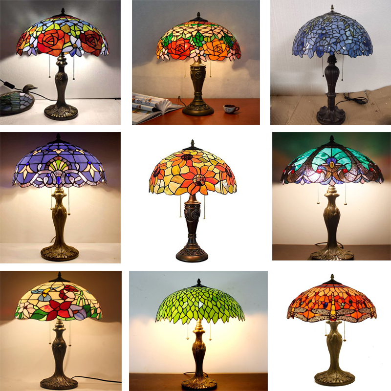 16inch Pull Cord Switch European Pastoral Style Table Lamp Living Room Dining Room Bedroom Study Energy-Saving Glass Lamp Tiffany