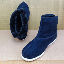 Old Beijing cloth shoes mens and womens handmade blue winter warm and cotton short boots Hanfu with boots flat heels