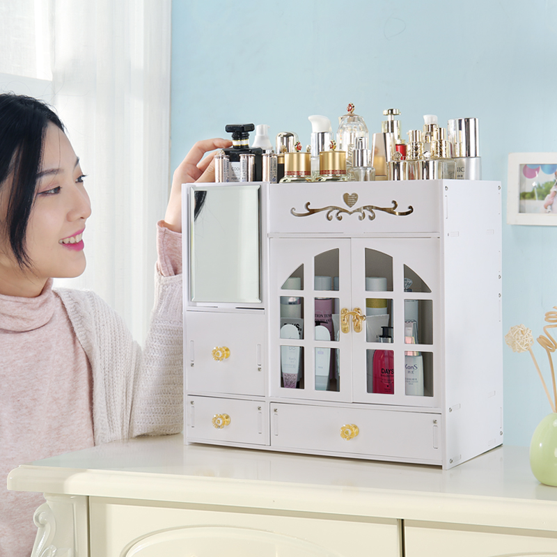 Dustproof large desktop cosmetics storage box Plastic household mirror Skin care products shelf Makeup table makeup box