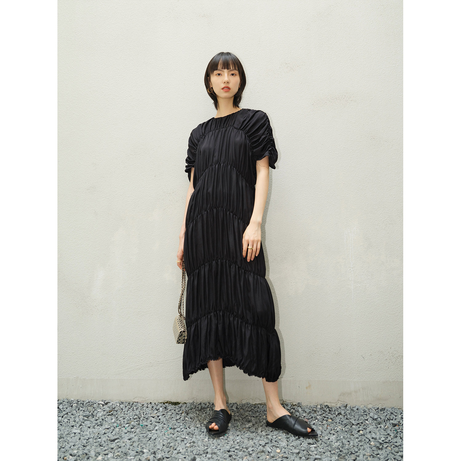 MRS Studios Japan import triacetic acid temperament wrinkled design sense of slim top dress cake skirt