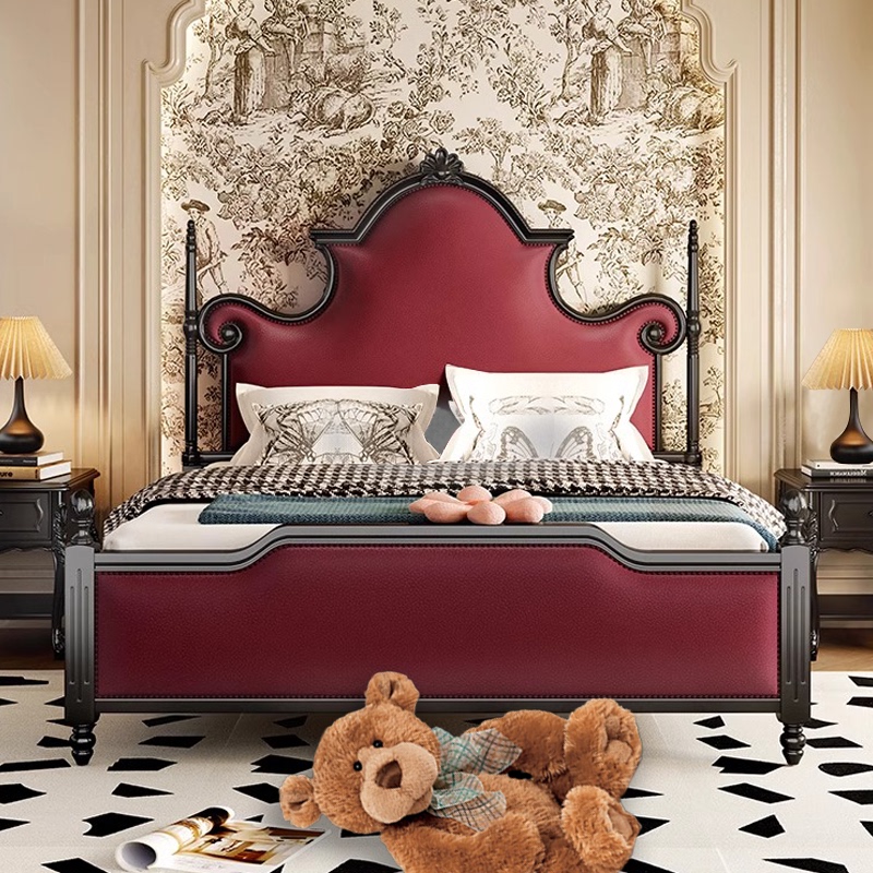 American-Style Solid Wood Bed, Light Luxury Genuine Leather, 1.8m Double Wedding Bed, Master Bedroom, Carved French Palace Style Princess Bed, Red