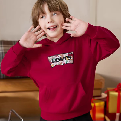 【新年马年】李维斯男童红色卫衣连帽儿童加绒2026拜年过年衣服女