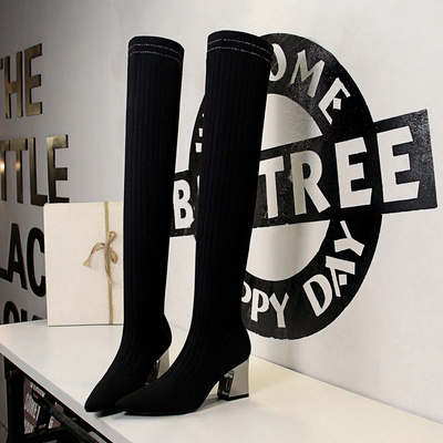 336-18 Han edition fashion simple metal with thick with sexy high-heeled tines show thin boots wool knee-high boots
