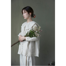 An old original with summer hemp beige plaid linen detachable round collar open flap easy and minimalist shirt 5637