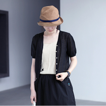 One old original summer black cotton linen thin skinny v collar short lady knitted cardigan 1340