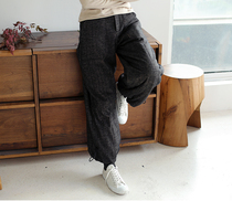 One old original winter rice black strip wool knitted semi-elastic waist thick light outdoor closing lantern cotton trousers 3299
