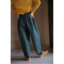 An old original with winter style green cotton wool double-layered cloth tightness waist loose 90% thick radish pants 4683