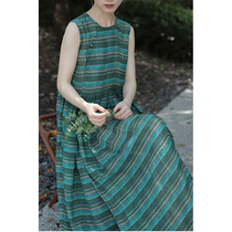 One old original summer deep green abstract pattern pure Ramie placket sleeveless loose dress 2692
