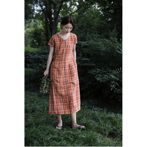 One old original 2021 summer summer mixed powder dyed woven grid V collar slant placket slim improvement cheongsam dress 5329