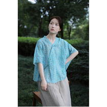 One old original 2021 summer water blue Ramie abstract pattern overlapping V collar loose improved tea clothing shirt 3433