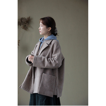 An old original Made in Italy double-sided fur infuge with light camel hair suit collar double-row buttoned airy coat 4653