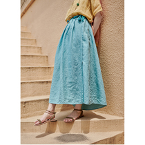 An old original with summer blue 30 Inbranched linen ultra-dense woven tightness waist overlapping loose A character half body dress 4845