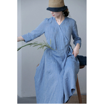 One old original 2021 summer frosted blue linen V-neck overlapping placket side lace-up loose dress 4547