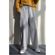 An old original flower grey thick solid pure cotton plus suede mill wool double knit fabric tightness waist casual wear pants 2769-4
