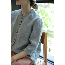 One old original 2021 three season sky blue yarn linen stand collar single-breasted loose seven-point sleeve shirt 4519-1