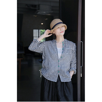 One old original early autumn classic black and white lattice linen small lapel single breasted loose shirt 5383