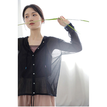 One old original three season black super thin thin cotton bony hooded button sunscreen knitted cardigan 6063-2