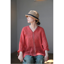 One Old Original 2021 Summer Coral Red Twist Yarn V-neck Clear Lightweight Loose Pullover Shirt 5347