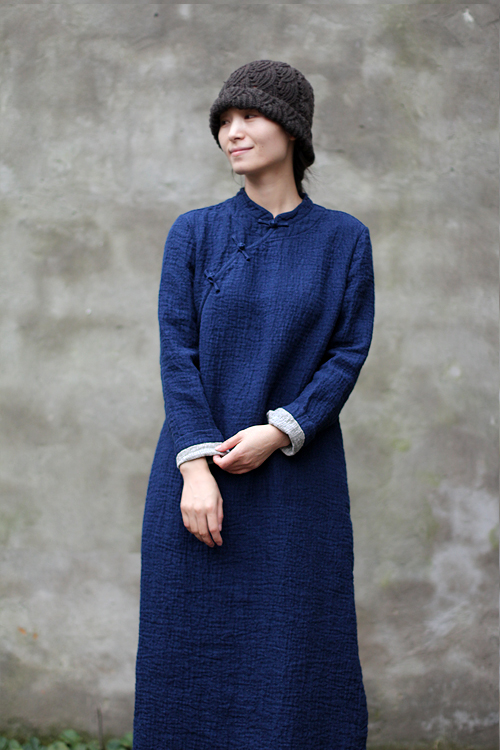 壹 Old gốc dày dày tối quaint cũ màu xanh tích cực và tiêu cực double-layer linen handmade khóa cheongsam sửa đổi ăn mặc váy len mùa đông