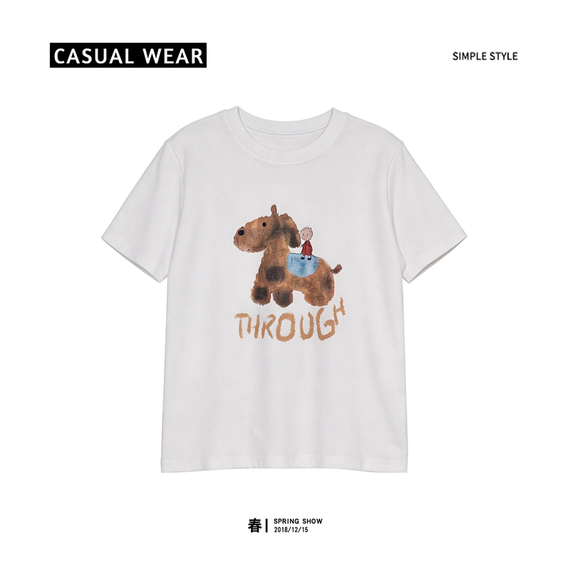 White Cartoon Puppy Print Short-Sleeve Women's T-Shirt with a Youthful and Cute Design, Made of Brushed Fabric, Suitable for Petite Sizes, New Model 2026