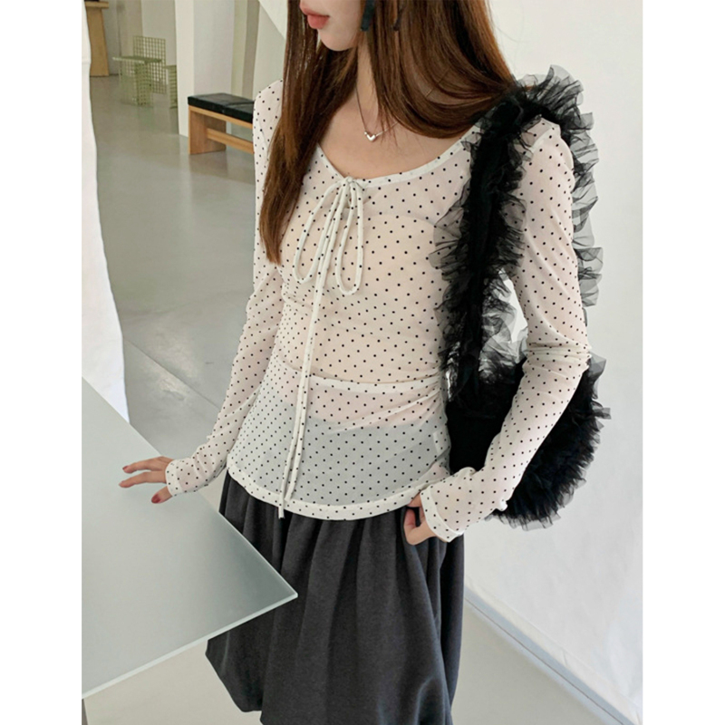 Unique and Beautiful Mesh Base Shirt with Polka Dots, Round Neck, Bow Tie, Slim Fit, Stylish New Style for Outerwear