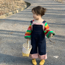 New spring and autumn childrens clothing girls fashionable jeans childrens casual trousers baby overalls rainbow sweaters