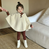 Autumn and winter new sweater pit strip hooded two-button cape coat long-sleeved T-shirt leggings childrens clothing trendy